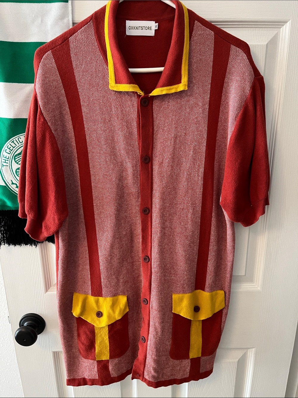 OXKNITSTORE Men's Red Short-Sleeve Button Cardigan with Yellow Trim